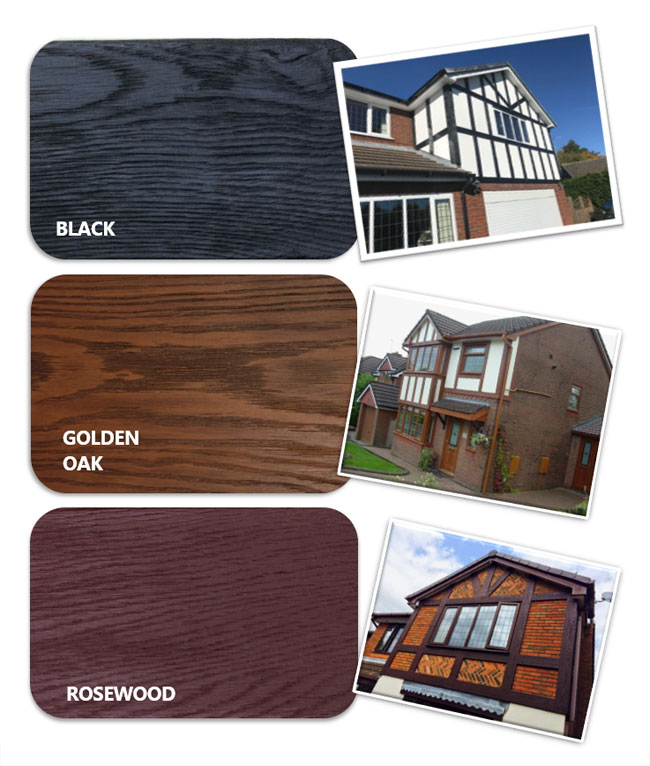 Three colours for mock tudor boards available in black, golden oak and rosewood